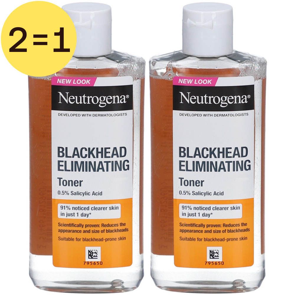 Deux flacons de toner avec bouchons blancs. Inscription: Neutrogena Blackhead Eliminating Toner. 0,5% acide salicylique. Autocollant 2=1.
