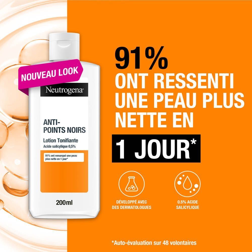 Neutrogena Anti-Points Noirs Lotion Tonifiante. Bouteille sur fond orange. Texte : 91% ont ressenti une peau plus nette en 1 jour.