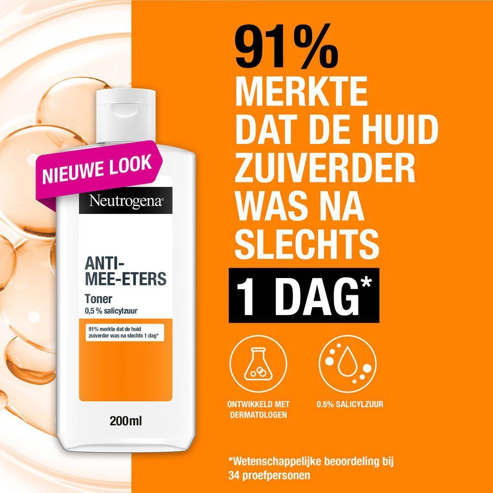 Neutrogena Anti-Mee-Eters Toner. Fles op oranje achtergrond. Tekst: 91% merkte een zuiverdere huid in 1 dag.