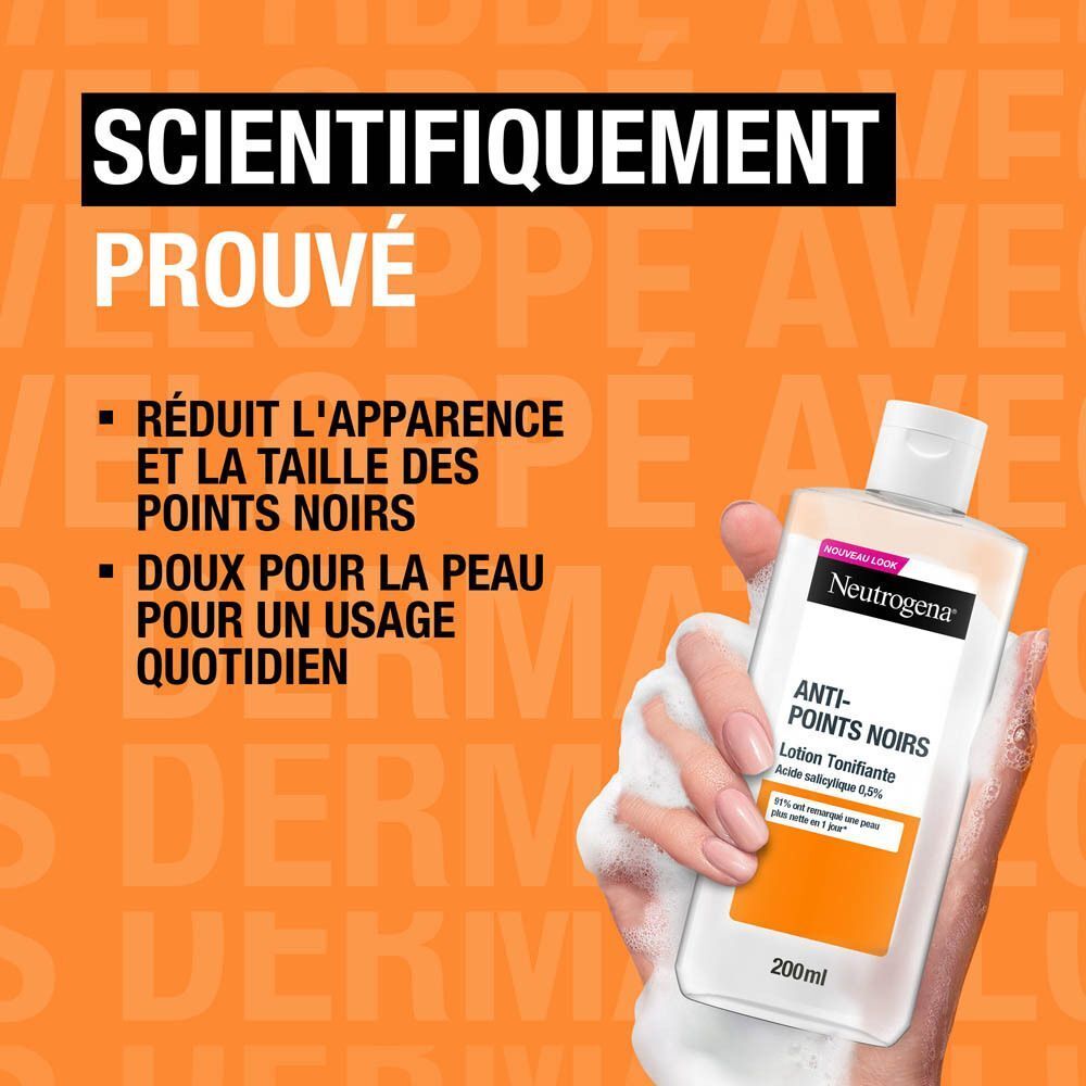 Neutrogena Anti-Points Noirs Lotion Tonifiante. Bouteille sur fond orange. Texte : Réduit l'apparence des points noirs.