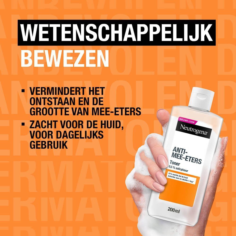 Neutrogena Anti-Mee-Eters Toner. Fles op oranje achtergrond. Tekst: Vermindert het uiterlijk van mee-eters.