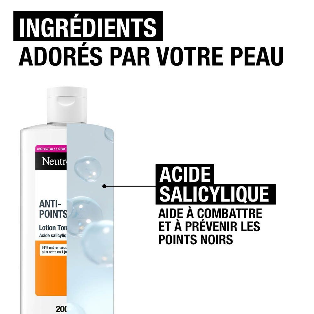 Neutrogena Anti-Points Noirs Lotion Tonifiante. Bouteille avec texte et illustrations. Texte : L'acide salicylique aide à combattre les points noirs.