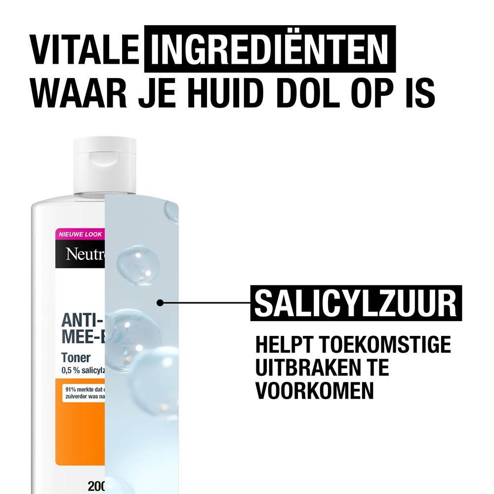 Neutrogena Anti-Mee-Eters Toner. Fles met tekst en illustraties. Tekst: Salicylzuur helpt mee-eters te bestrijden.