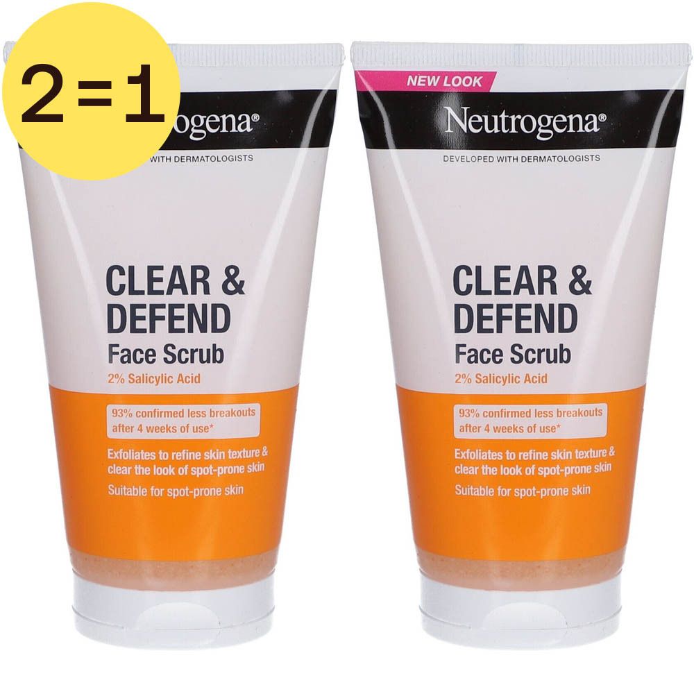 Twee tubes gezichtsscrub met witte dop en oranje streep. Opschrift: Clear & Defend Face Scrub, 2% Salicylzuur.