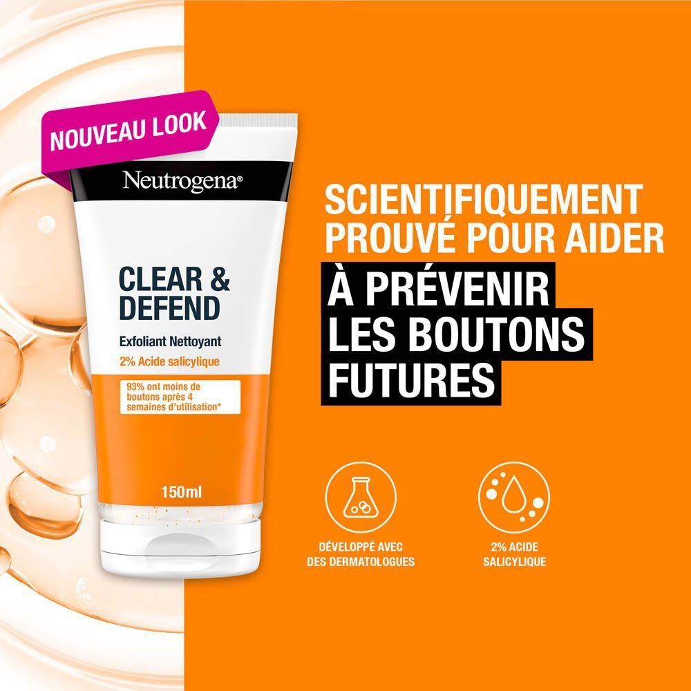 Neutrogena Clear & Defend Exfoliant Nettoyant. Tube avec texte. Contient 2% d'acide salicylique. Sur fond orange.