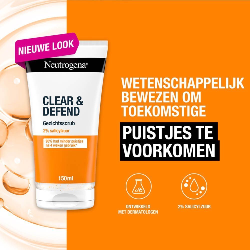 Neutrogena Clear & Defend Gezichtsscrub. Tube met tekst. Bevat 2% salicylzuur. Op oranje achtergrond.