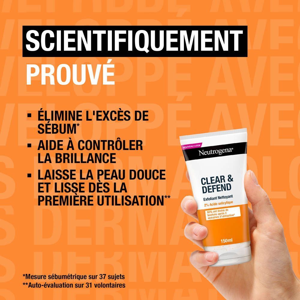 Main tenant un tube Neutrogena Clear & Defend. Texte: Élimine l'excès de sébum, contrôle la brillance, adoucit la peau.