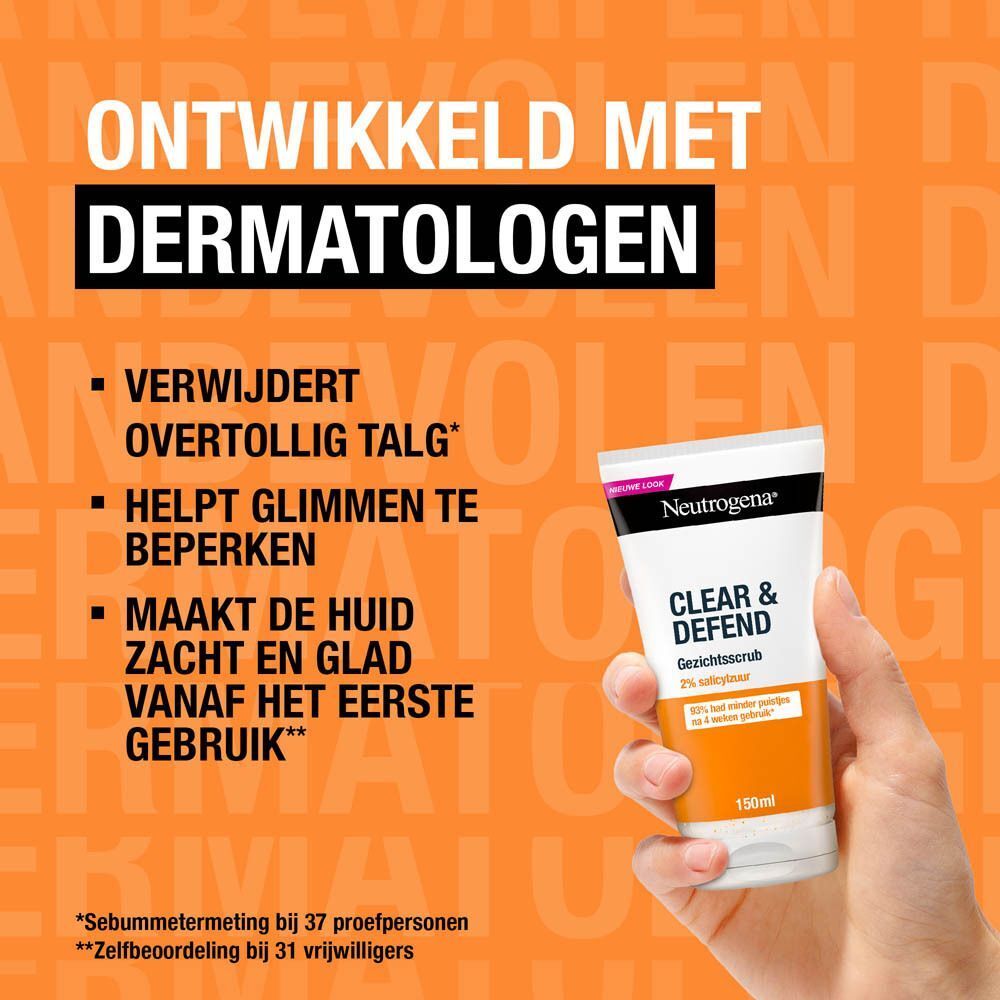 Hand houdt tube Neutrogena Clear & Defend Gezichtsscrub vast. Tekst: Verwijdert overtollig talg, controleert glans, maakt de huid zacht.