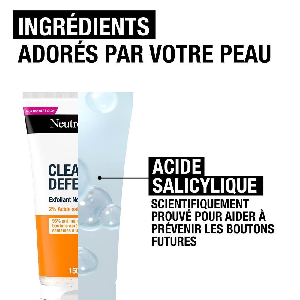 Neutrogena Clear & Defend Exfoliant Nettoyant. Texte: Acide salicylique. Image divisée: produit et peau avec boutons.