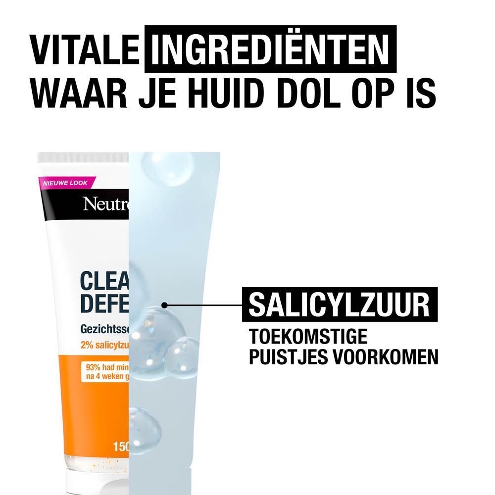 Neutrogena Clear & Defend Gezichtsscrub. Tekst: Salicylzuur. Gesplitste afbeelding: product en huid met puistjes.