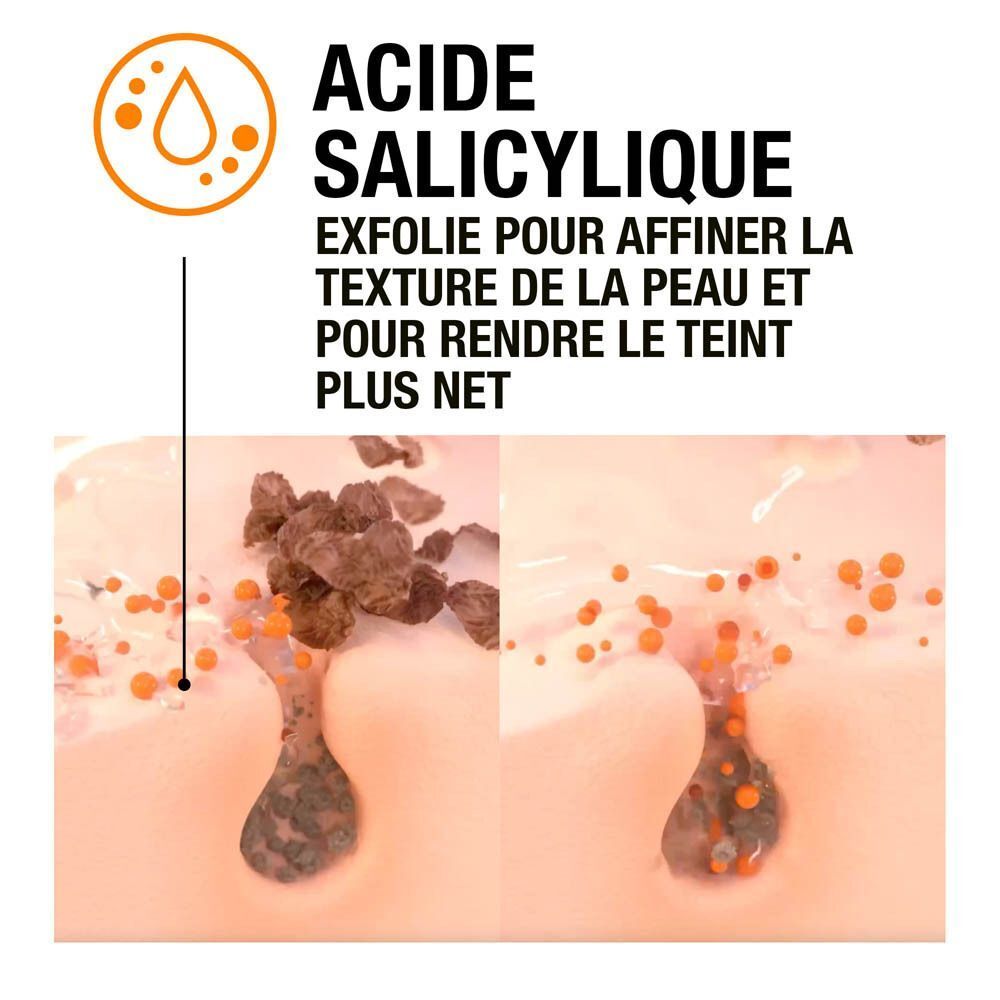 Neutrogena Clear & Defend Exfoliant Nettoyant. Texte: Acide salicylique. Illustration: peau avec boutons, puis peau nettoyée.