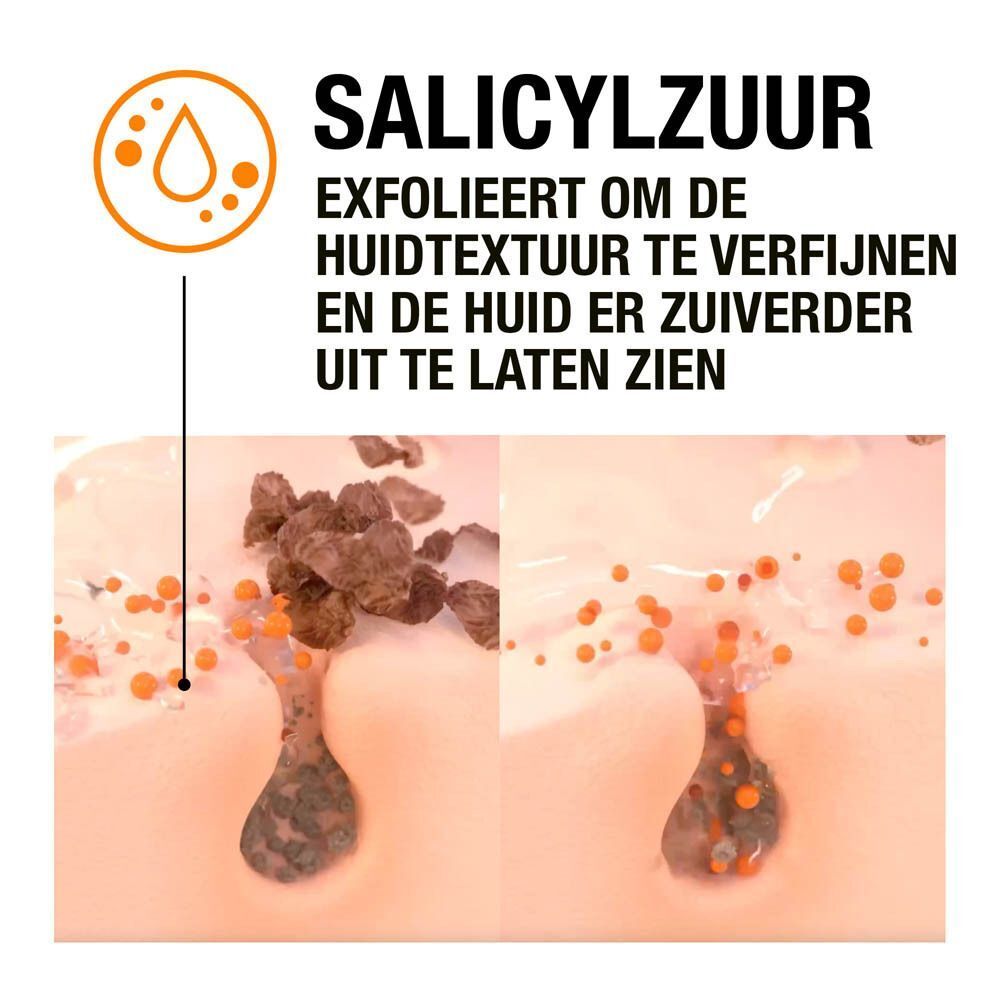 Neutrogena Clear & Defend Gezichtsscrub. Tekst: Salicylzuur. Illustratie: huid met puistjes, dan gereinigde huid.