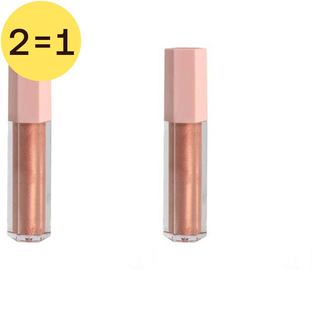 Twee lipgloss tubes met roze deksels. Transparante containers met glinsterende inhoud. Linksboven: gele cirkel met "2=1".