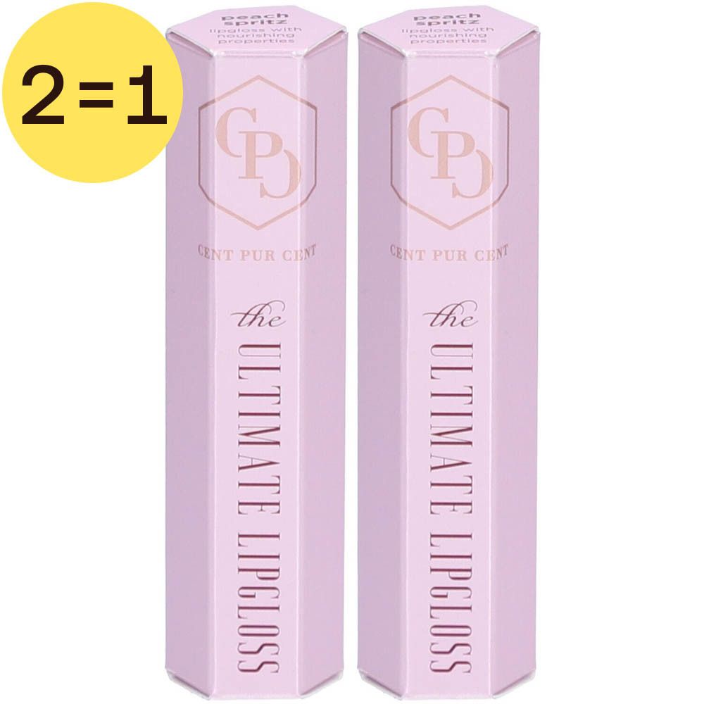 Twee langwerpige, roze verpakkingen met tekst. Linksboven: gele cirkel met "2=1". Opschrift: "Cent Pur Cent The Ultimate Lipgloss".