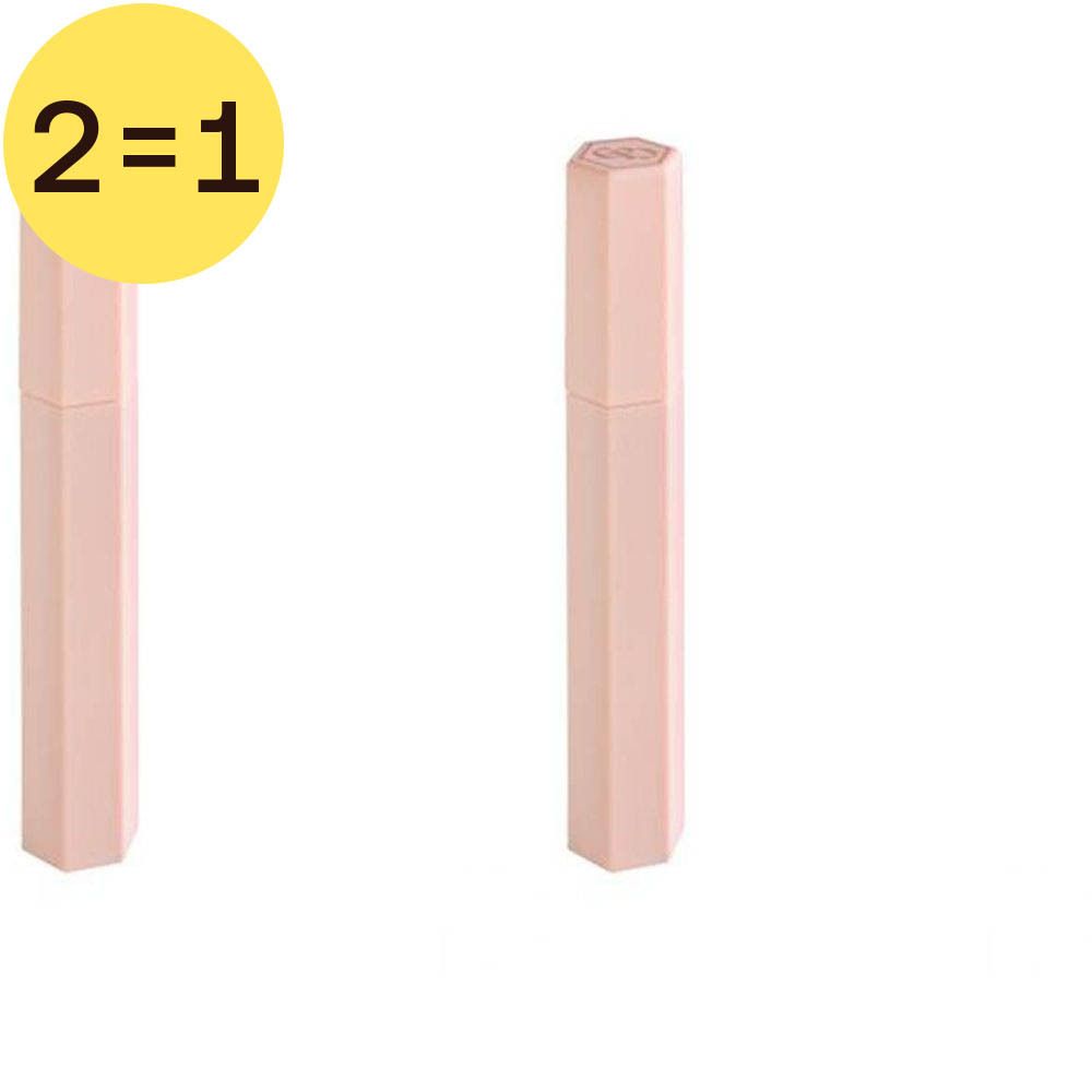 Twee roze mascara's in achthoekige houders. Gele cirkel met "2=1".