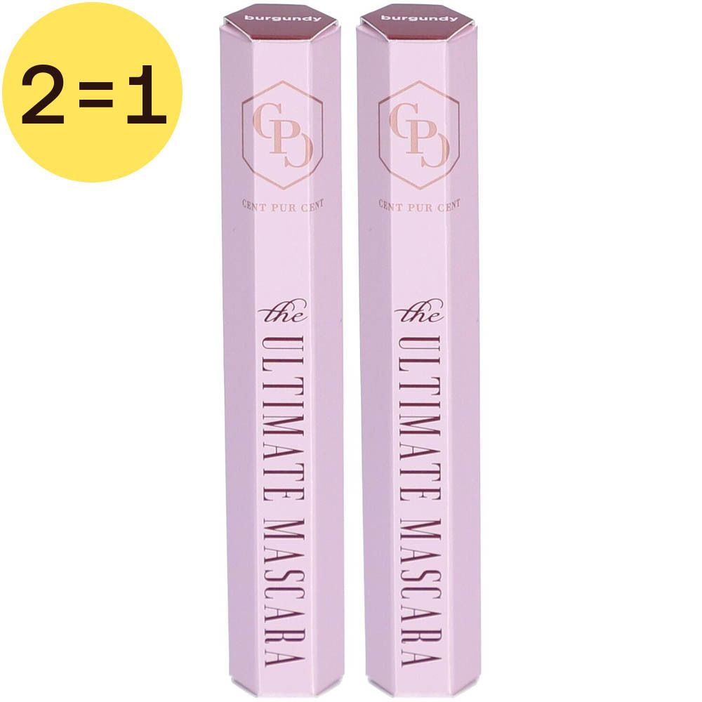 Twee roze mascara's in achthoekige verpakkingen. Opschrift: "Cent Pur Cent The Ultimate Mascara Burgundy 2 pour 1".