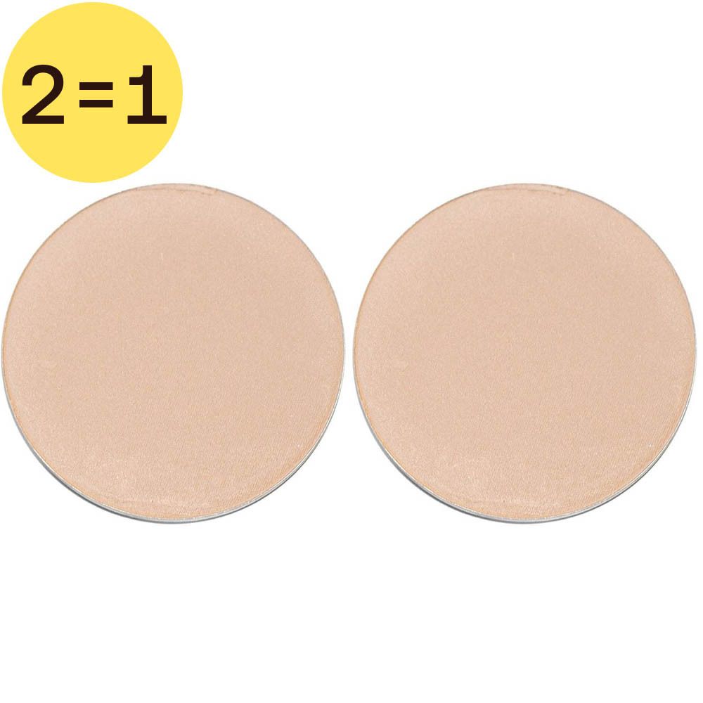 Twee ronde, beige navullingen voor compactpoeder. Op gele cirkel: 2=1.