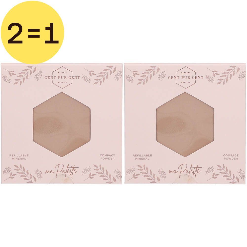 Twee vierkante, roze compactpoederverpakkingen met zeshoekige uitsparing. Opschrift: Cent Pur Cent, Refillable Mineral Compact Powder.