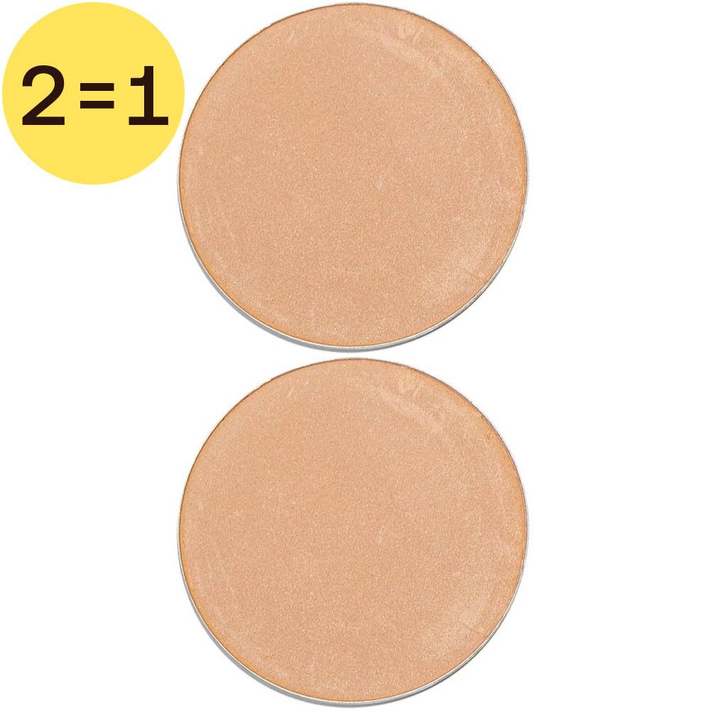 Twee ronde Cent Pur Cent compact foundations. Lichtbeige kleur. "2=1" sticker.