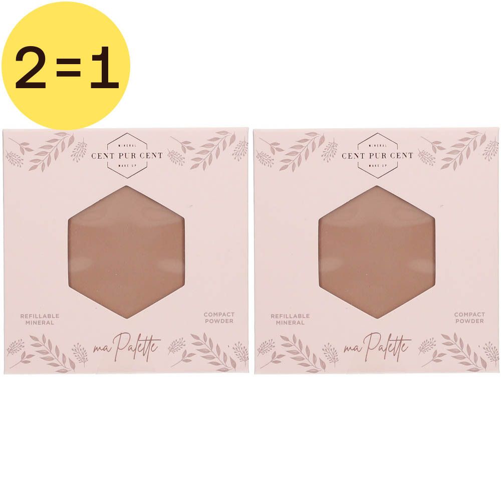 Twee Cent Pur Cent compact foundations, zeshoekig, met tekst en bloemmotief. "2=1" sticker.