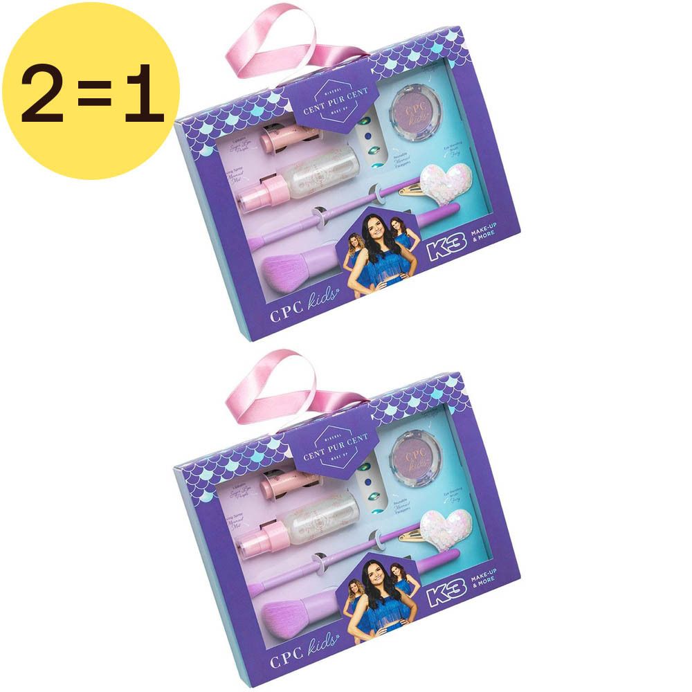 Twee cosmeticasets. Elke set bevat meerdere producten, waaronder borstels en oogschaduw. Verpakt in een geschenkverpakking.