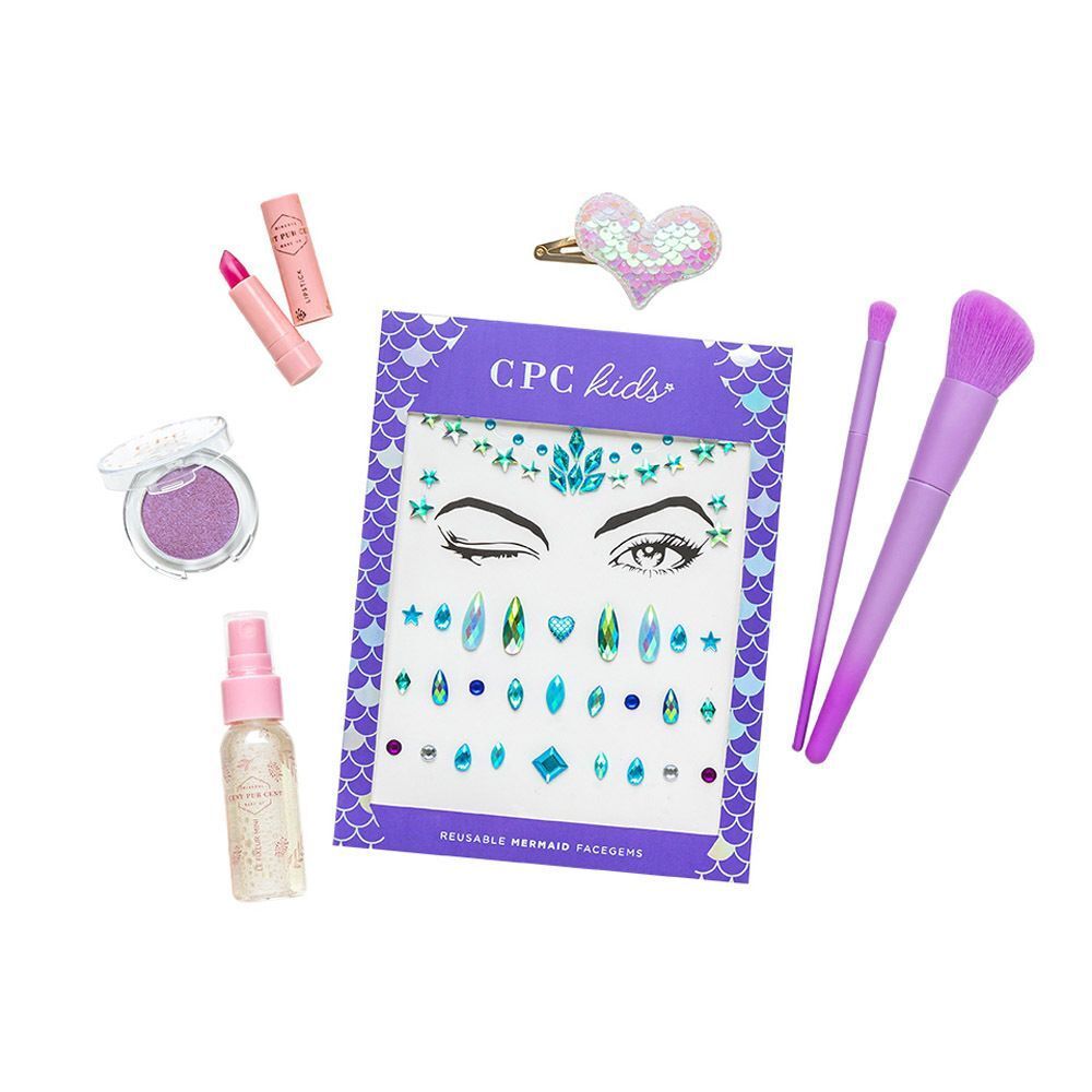 Make-up set voor kinderen met oogschaduw, lippenstift, glitterstickers, gezichtstatoeages en make-upkwasten.