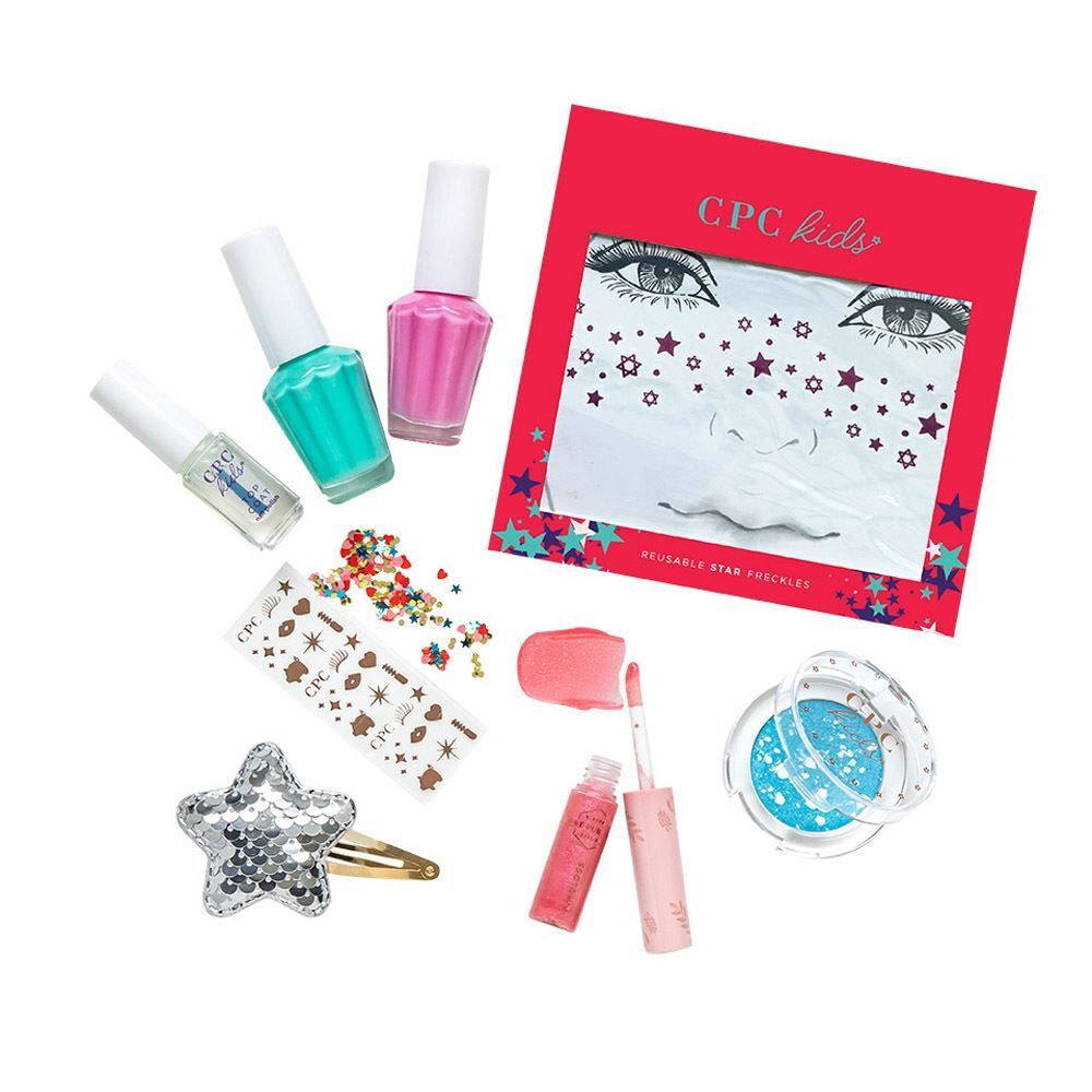 K3 Make-Up & More set voor kinderen. Bevat nagellak, lipgloss, sterren haarclip, tijdelijke tatoeages en sterstickers.