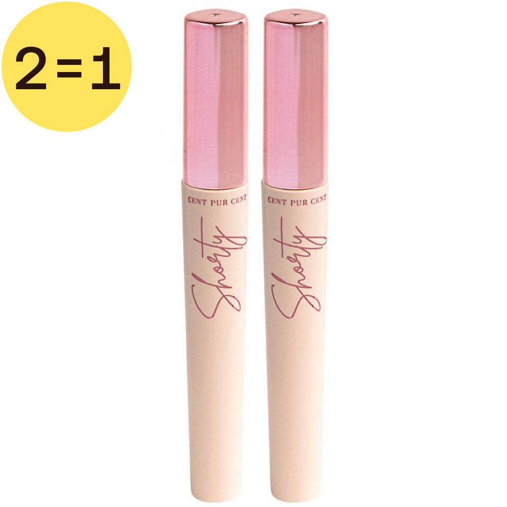 Twee Cent Pur Cent Shorty Mascara Noir. Roze doppen, crèmekleurige hulzen. Opschrift: Shorty.