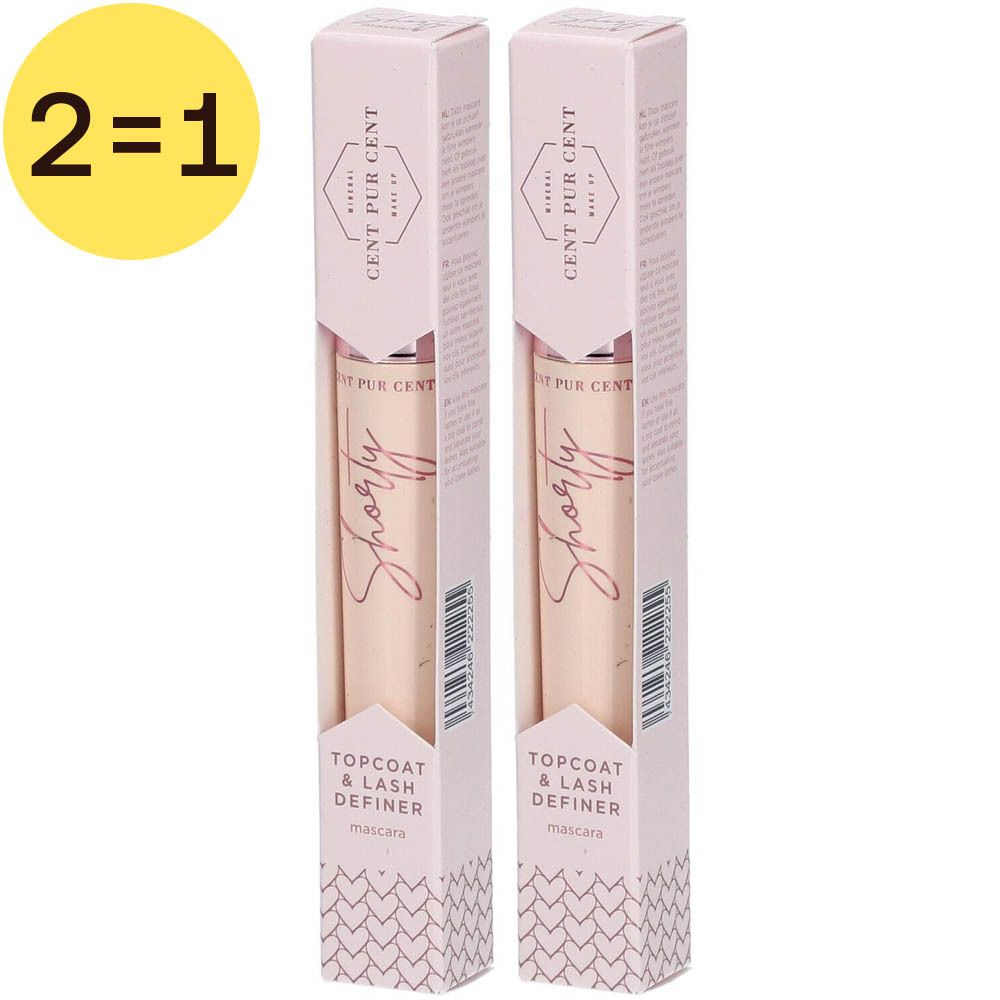 Deux mascaras Cent Pur Cent Shorty Noir 2 en 1 dans un emballage rose. Texte: Topcoat & Lash Definer.
