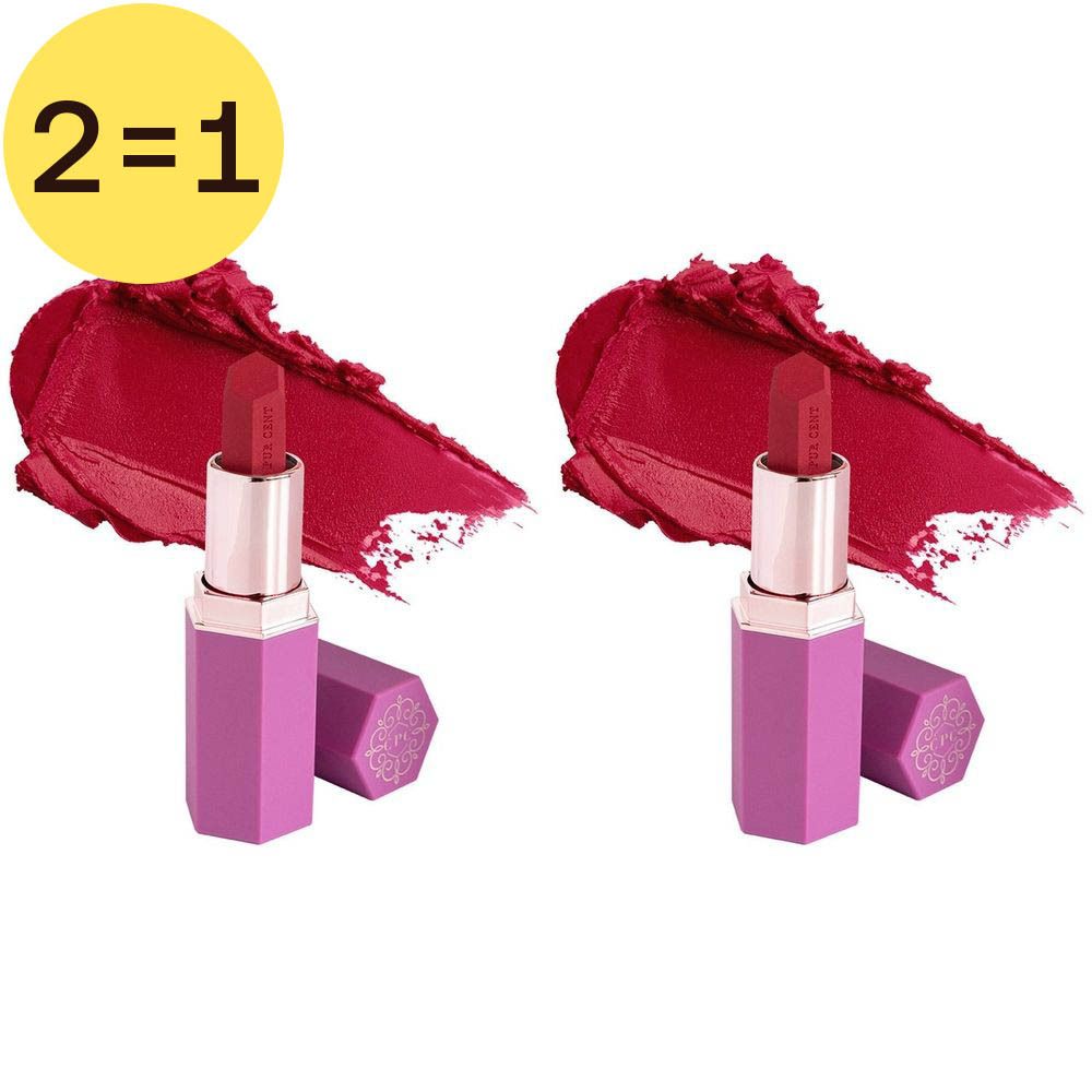 Twee lippenstiften Cent Pur Cent Velvet Red Rose. Roze huls, rode lippenstift, daarnaast kleurmonster.