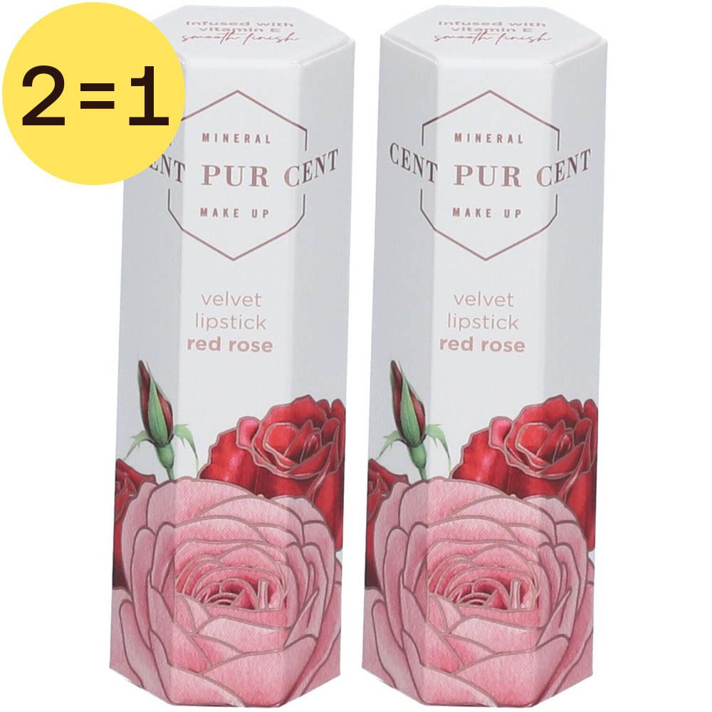 Twee verpakkingen Cent Pur Cent Velvet Lipstick Red Rose. Witte, zeshoekige verpakking met rozenmotief en productnaam.