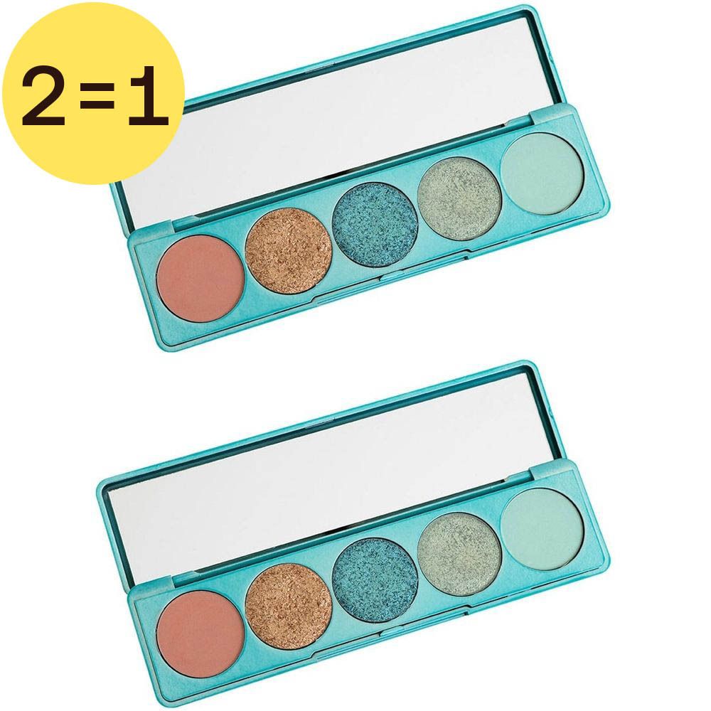Twee open paletten met spiegels en oogschaduw in verschillende kleuren. Geel label met "2=1".