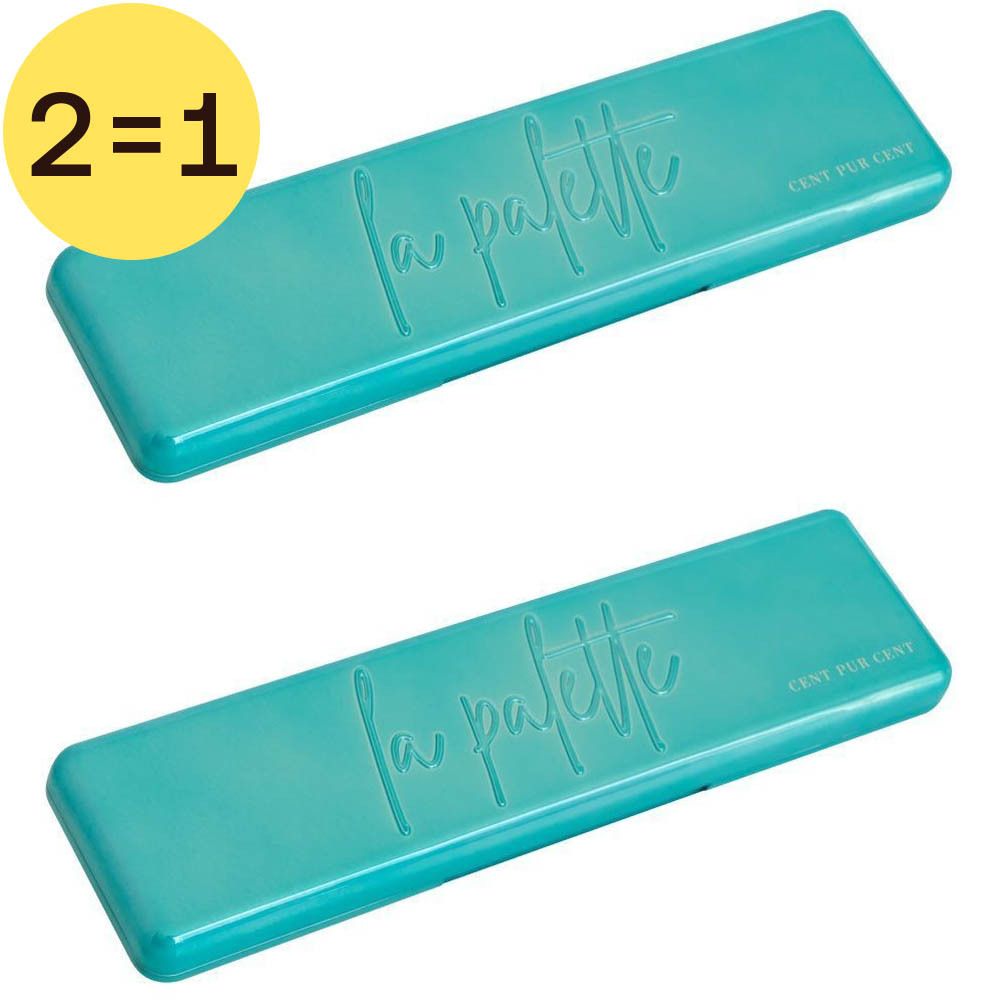 Deux palettes turquoise avec l'inscription "la palette" et "CENT PER CENT". Étiquette jaune avec "2=1".
