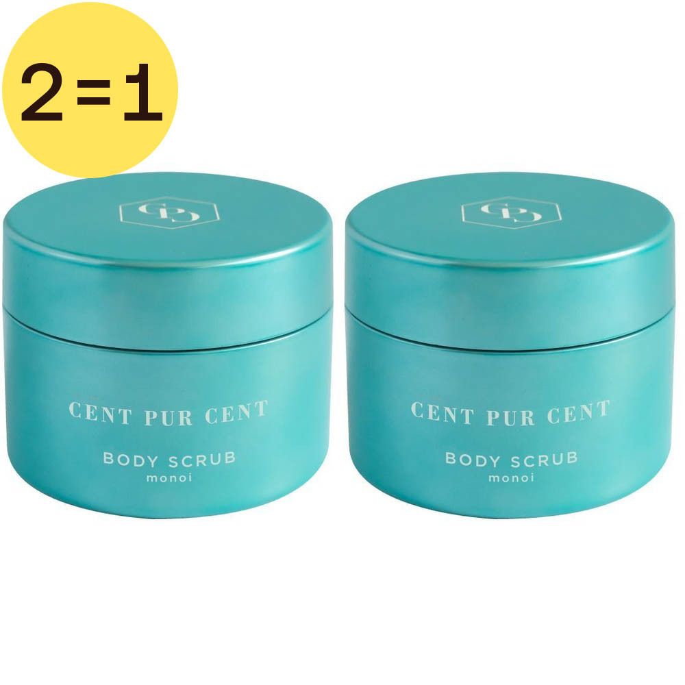 Twee turquoise potten met deksels. Opschrift: Cent Pur Cent Body Scrub Monoi. Geel label: 2=1.