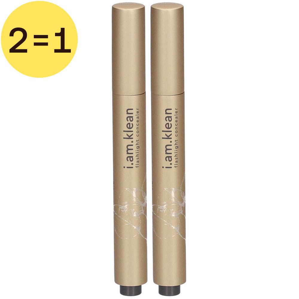 Deux correcteurs dorés. Inscription : i.am.klean flashlight concealer. Étiquette jaune avec "2=1".