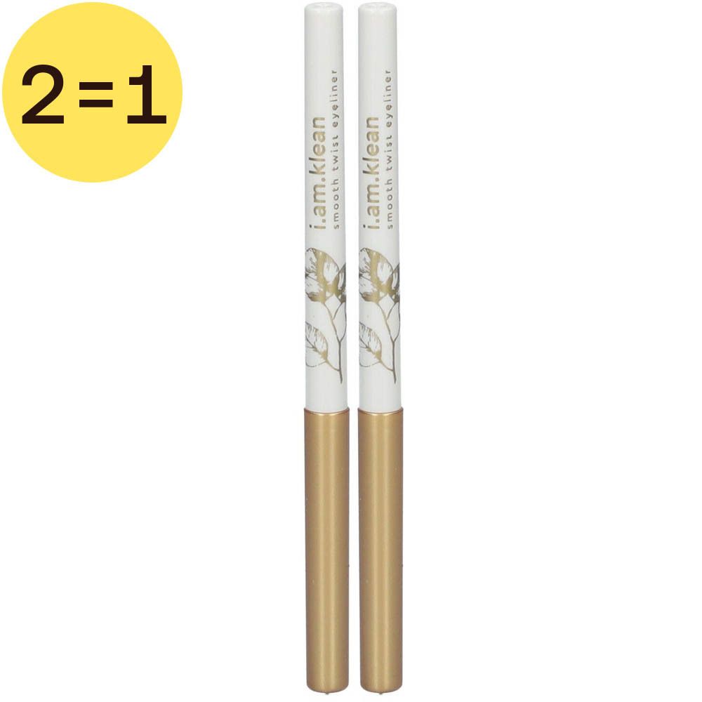 Deux crayons pour les yeux dorés. Inscription : i.am.klean smooth swiss eyeliner. Cercle jaune avec "2=1".