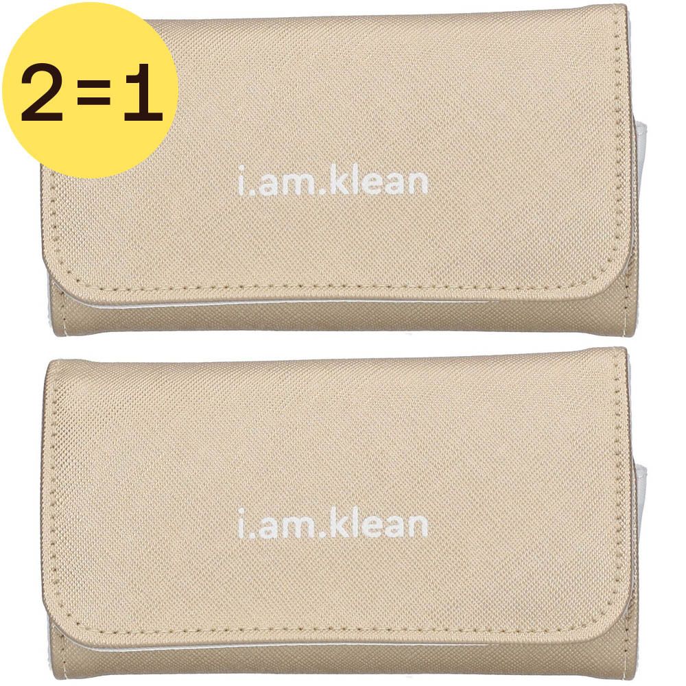 Twee beige etuis met de tekst "i.am.klean". Linksboven een gele cirkel met "2=1".