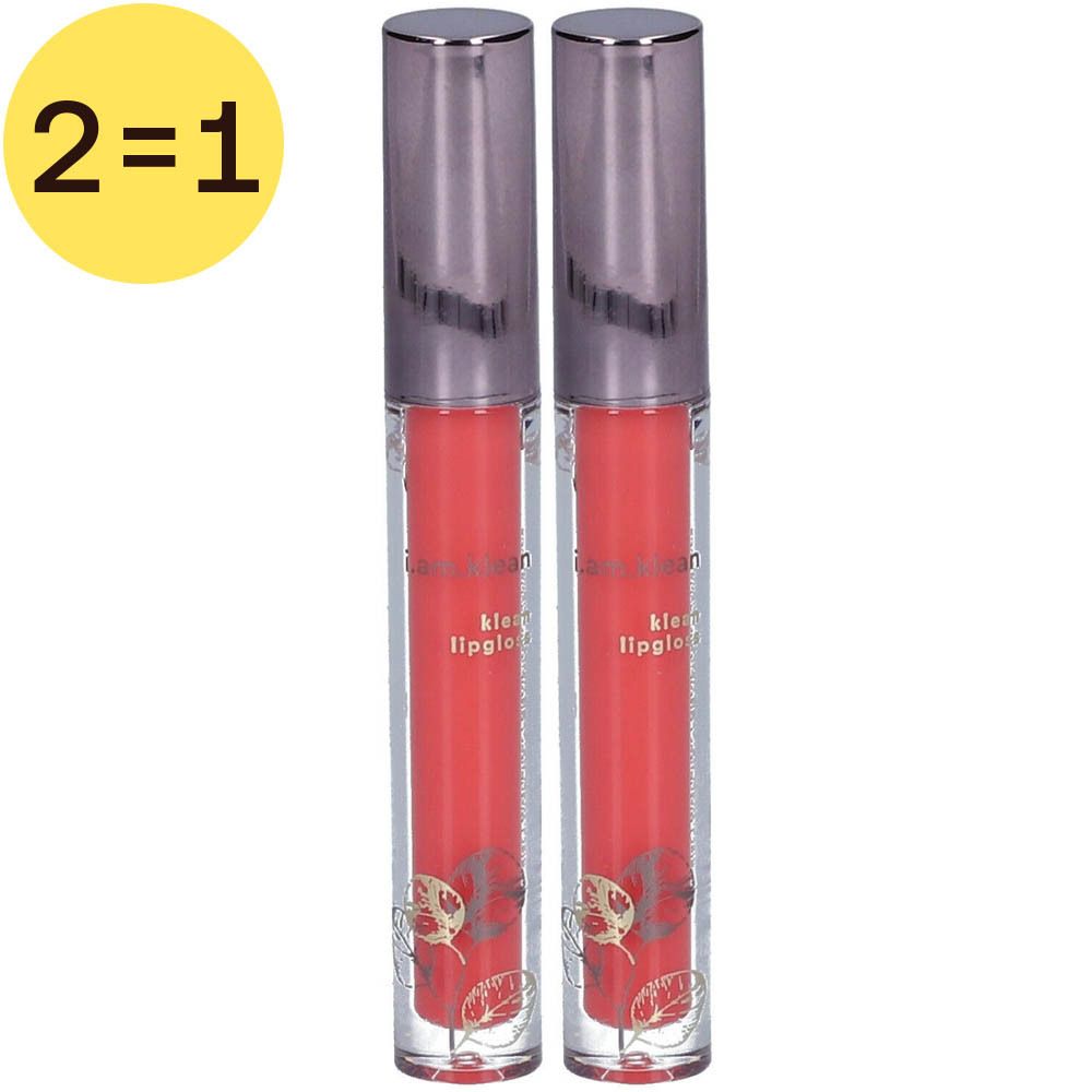 Twee tubes lipgloss koraal. Opschrift: klean lipgloss. Zilverkleurige dop. Gele cirkel met "2=1".