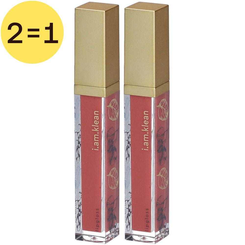 Deux tubes de gloss avec bouchons dorés. Inscription : i.am.klean, Lipgloss. Autocollant : 2=1.