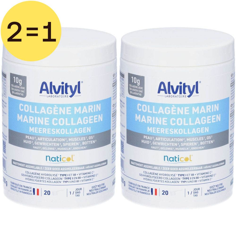 Twee witte potten met blauw-witte etiketten. Opschrift: Alvityl Collagène Marin, 2=1. Naticol-logo.