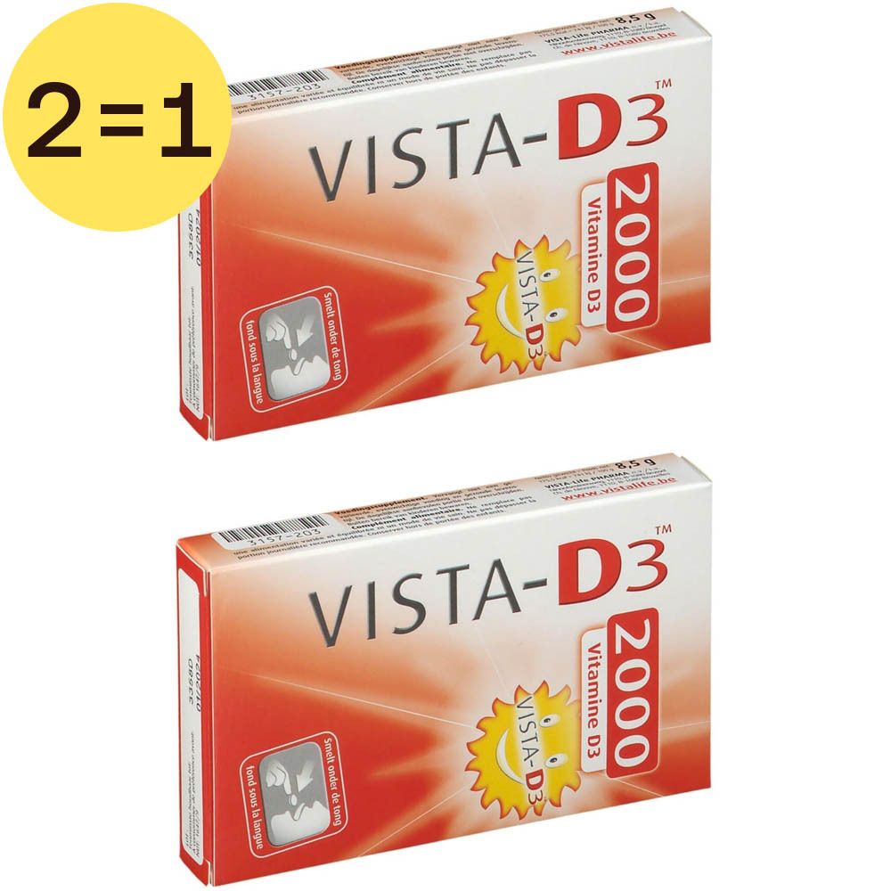 Twee dozen VISTA-D3 2000 vitamine D3. Rode en witte verpakking met productnaam en logo. Gele cirkel met "2=1".