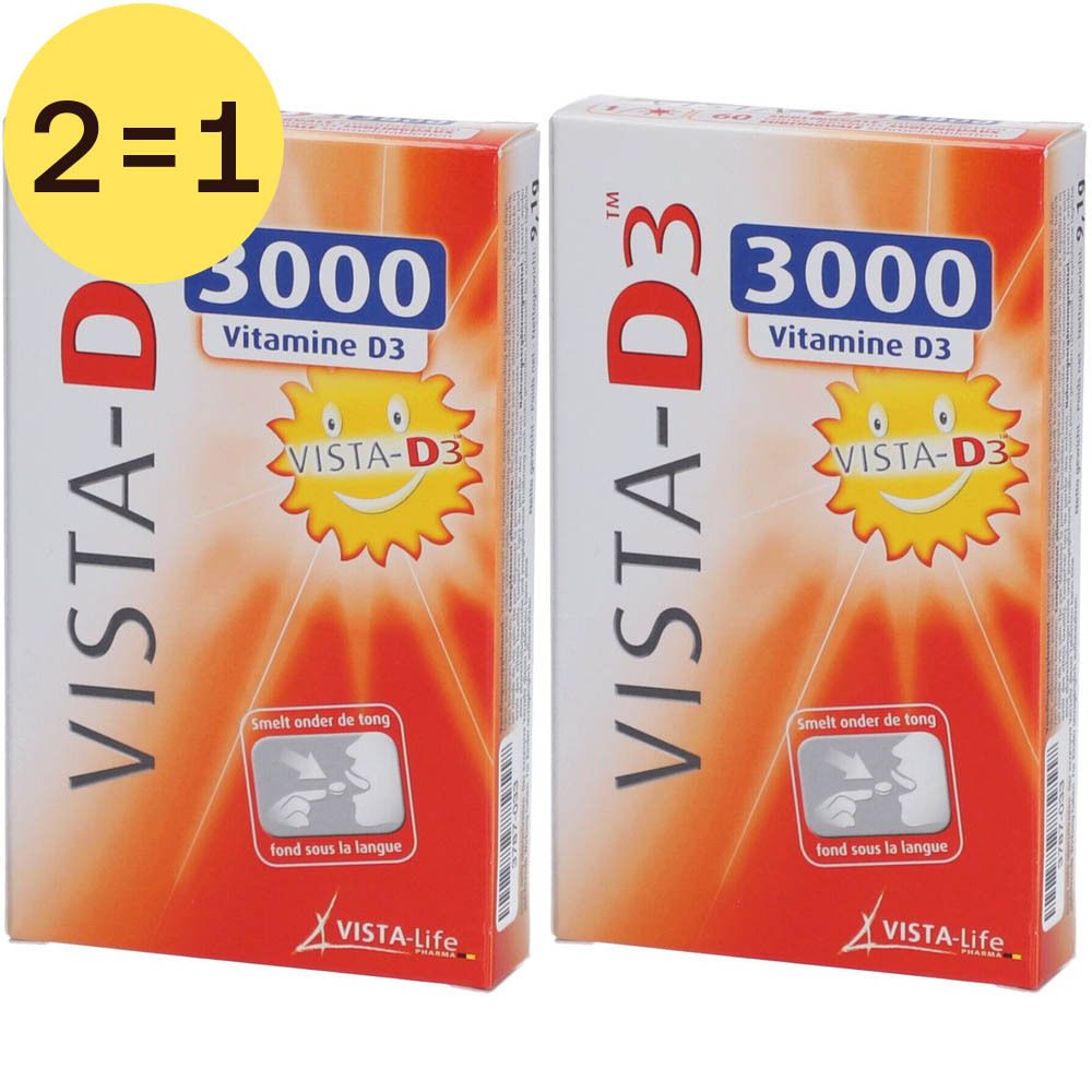 Twee verpakkingen VISTA-D3 3000 Vitamine D3. Opschriften: VISTA-D3, 2=1, Vitamine D3, VISTA-Life. Een zonmotief staat op de verpakking.