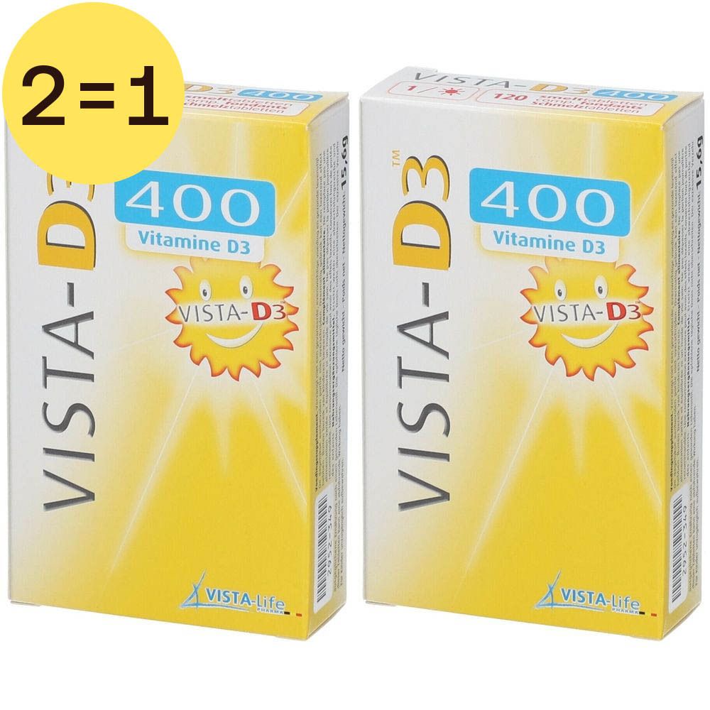 Deux boîtes de Vista-D3 400 Vitamine D3. Design jaune et blanc avec nom et dosage. Autocollant 2=1.
