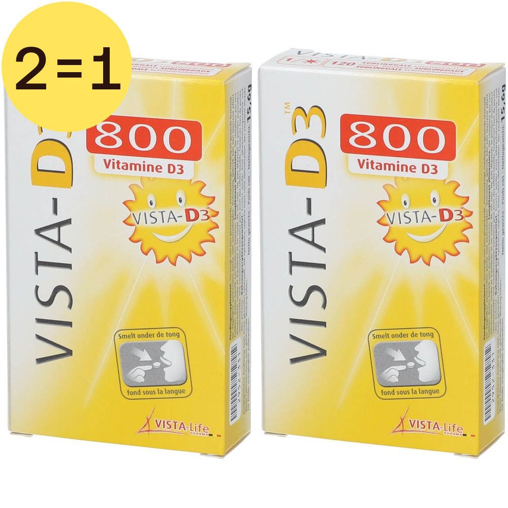 Deux boîtes de Vista-D3 800 Vitamine D3. Emballage jaune avec nom du produit et logo soleil. Inscription : 2=1.