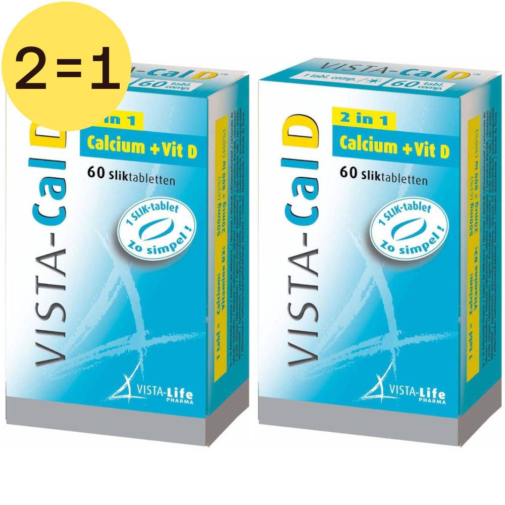 Deux boîtes de VISTA-Cal D, 2 en 1 Calcium + Vit D, 60 comprimés. Étiquette jaune "2=1".