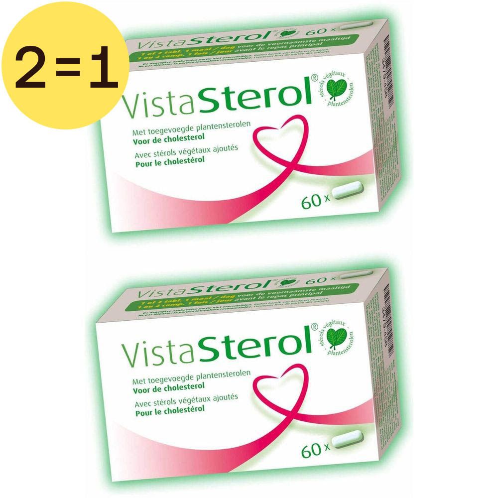 Twee dozen Vista-Sterol. Opschrift: "VistaSterol", "60x", "Met toegevoegde plantensterolen". 