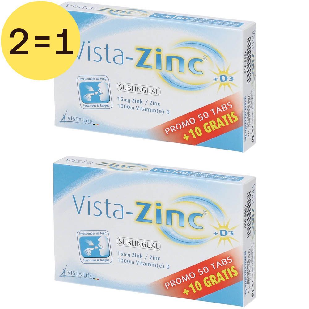 Deux boîtes de Vista-Zinc + D3. Inscription: Sublingual, 15mg Zinc, 1000mg Vitamine D. Promo 50 Tabs + 10 Gratuit. 2=1.