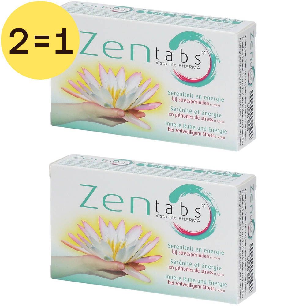 Deux boîtes de "Zentabs" avec logo et motif de fleur de lotus. Texte : "Sérénité et énergie en périodes de stress".