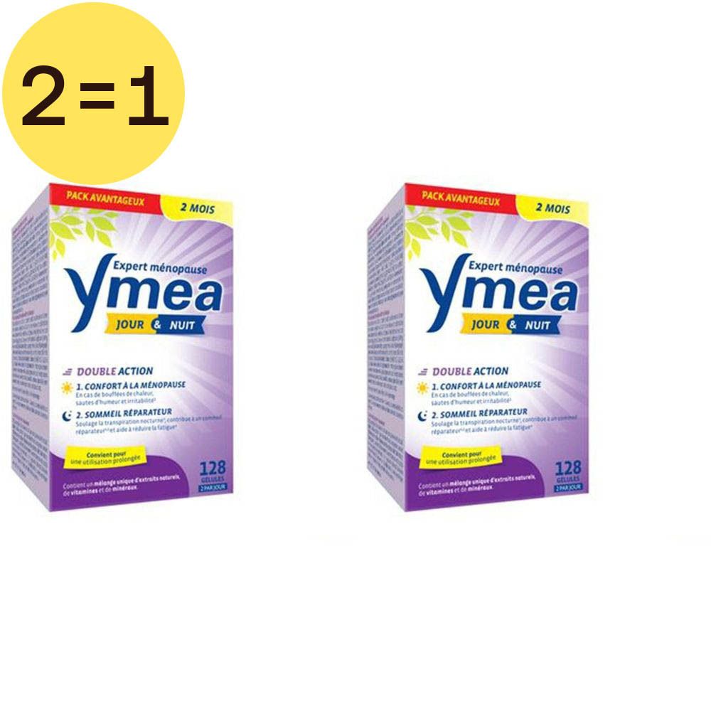Deux boîtes de Ymea Jour & Nuit 2 pour 1. Inscription: Expert ménopause, Double Action, 128 gélules.