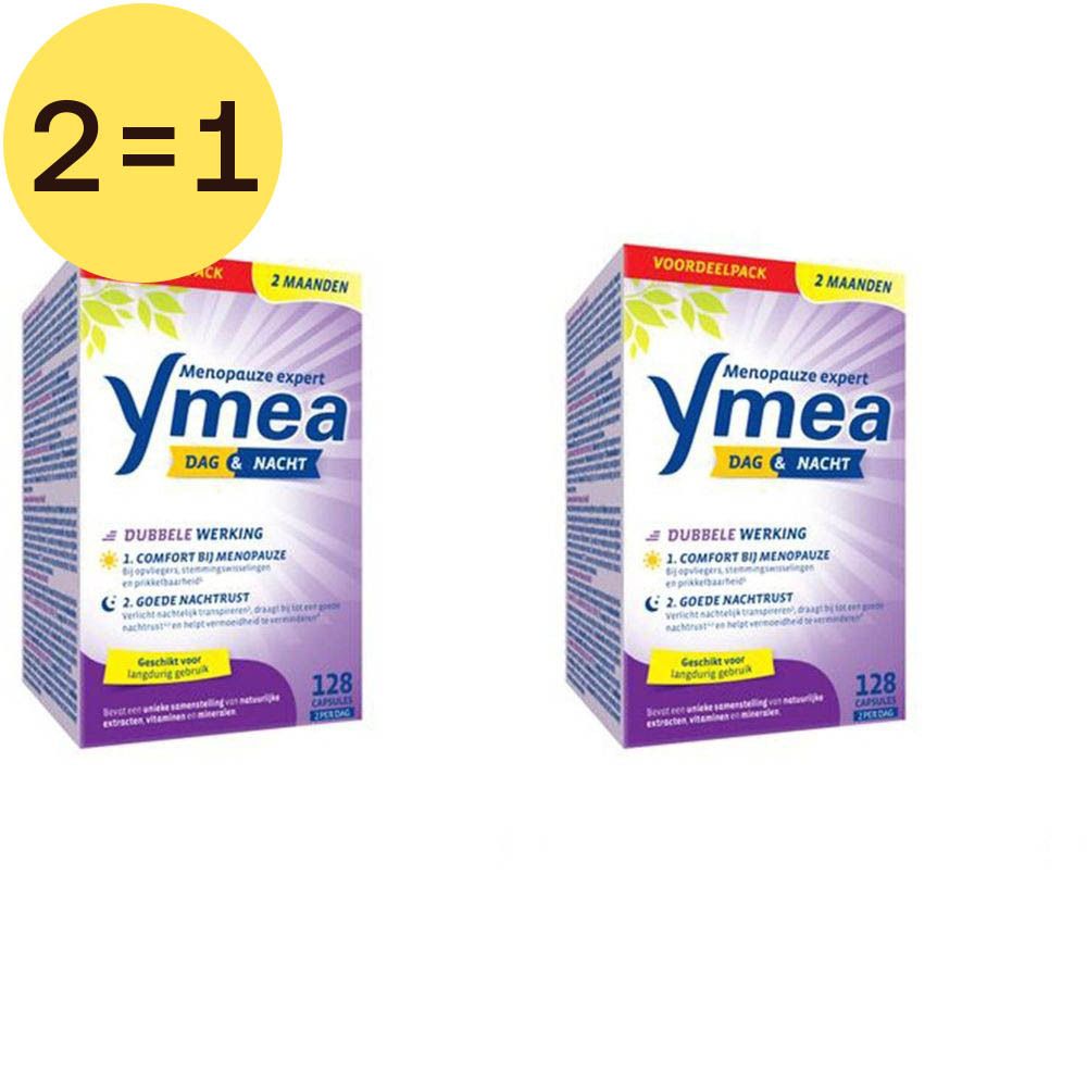 Twee dozen Ymea Dag & Nacht. Opschrift: Menopauze expert, Dubbele werking, 128 capsules.